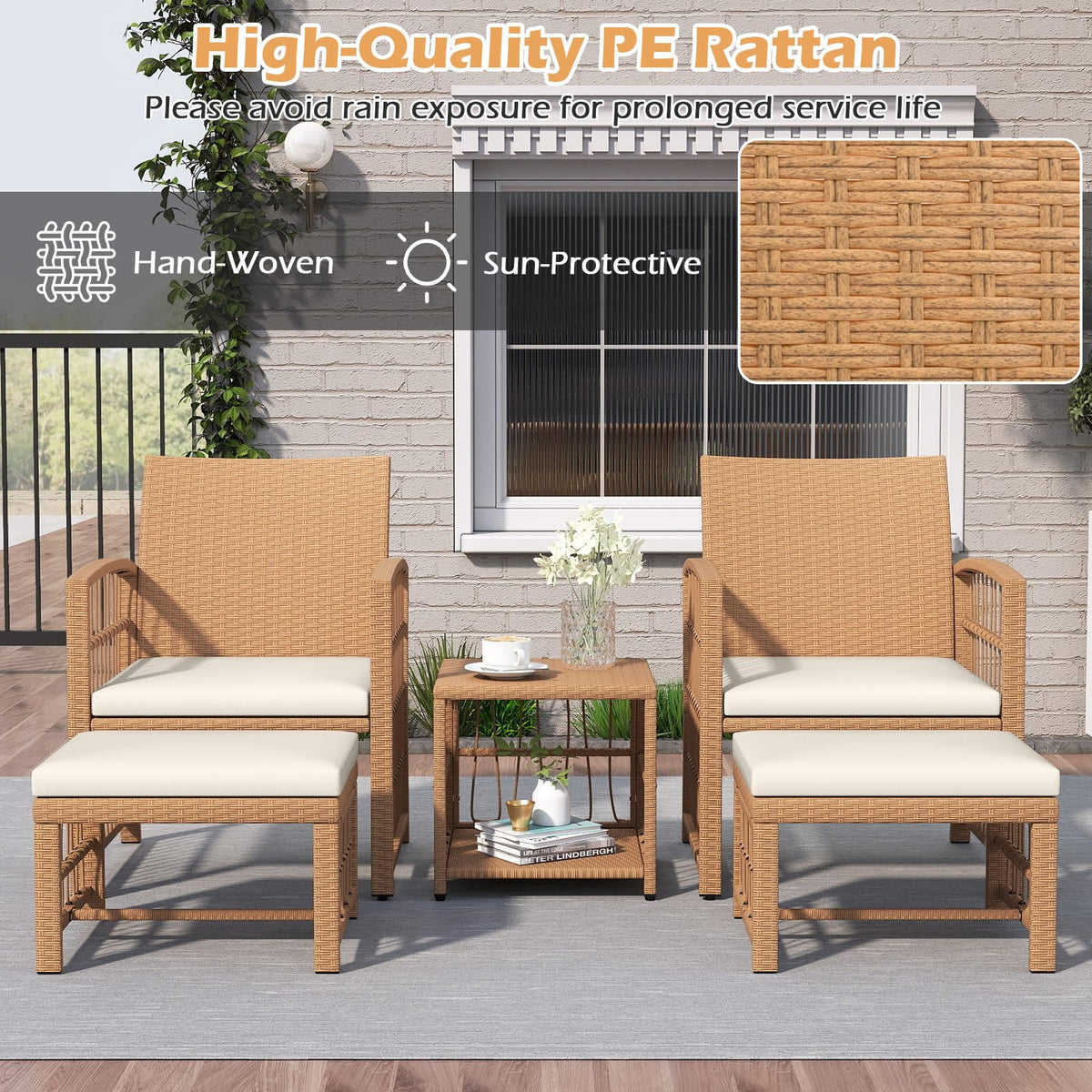 Tangkula 5 Piece Patio Wicker Conversation Set Includes 2 Armchairs, 2 Ottomans & 2-Tier Side Table - Product image 4