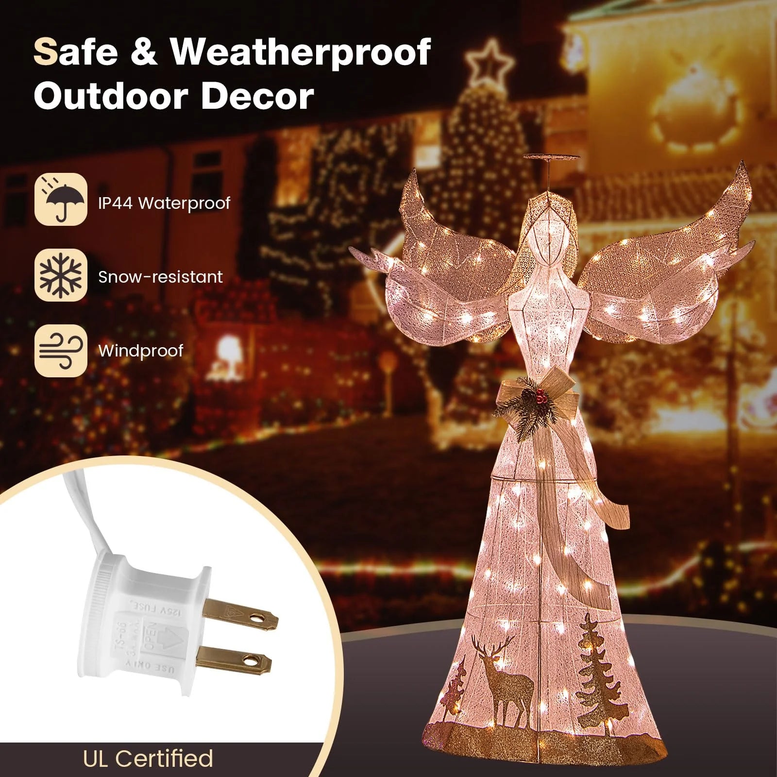 Tangkula 5 FT Lighted Christmas Angel, Outdoor Pre-lit 3D Glittered Angel with 100 Warm White Lights - Product image 7