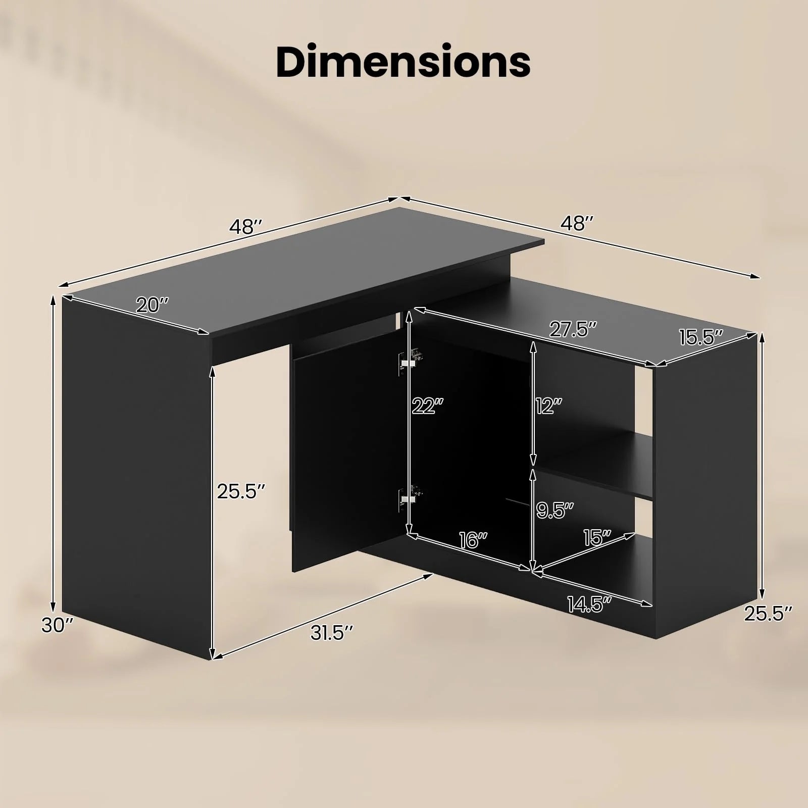 Tangkula L-Shaped 48" Reversible Corner Writing Desk with 2-Way Cabinet & 4 Storage Compartments - Product image 3