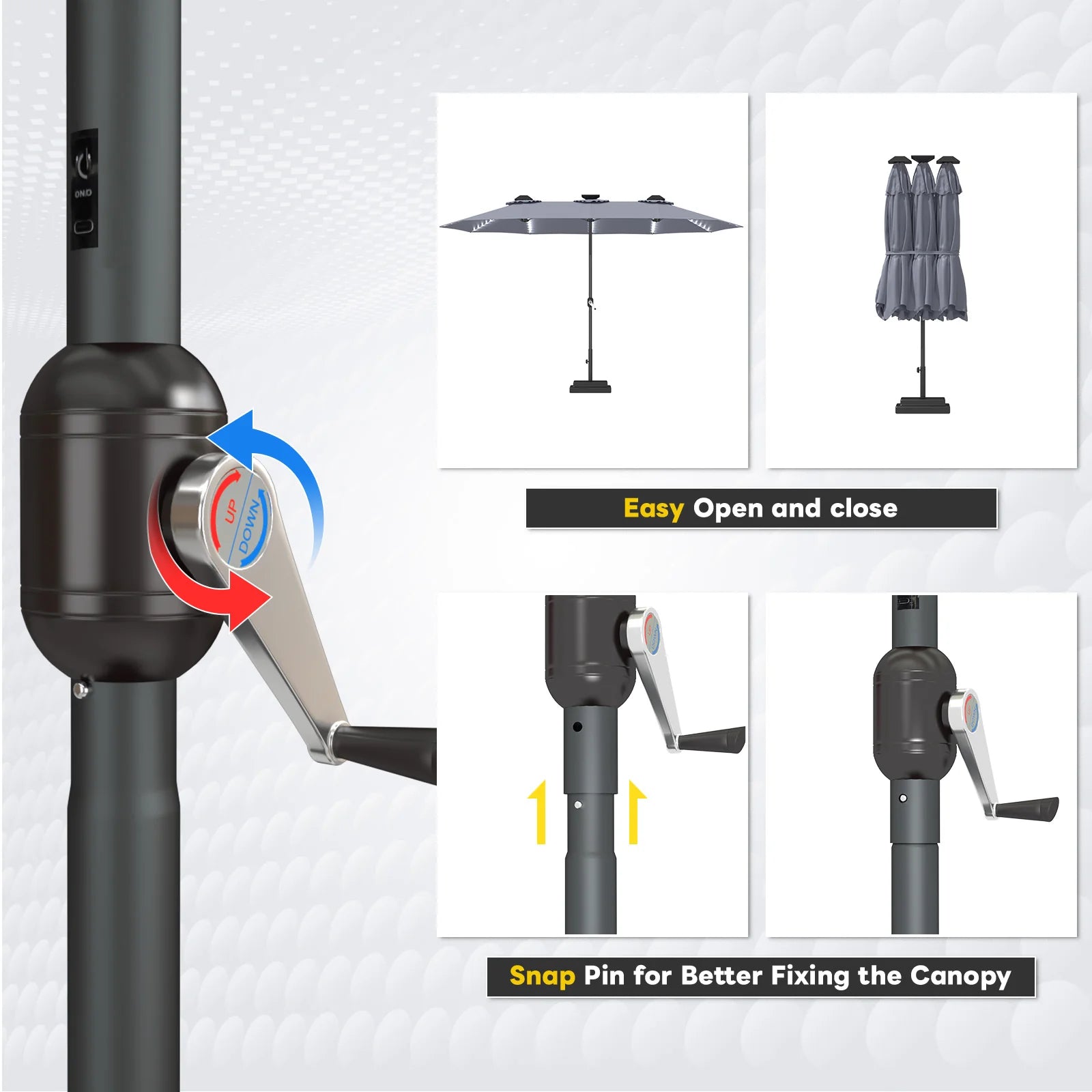 AECOJOY 15ft Patio Double-Sided Umbrella, 156 PCS Solar LED Light Outdoor Large Umbrella, Grey