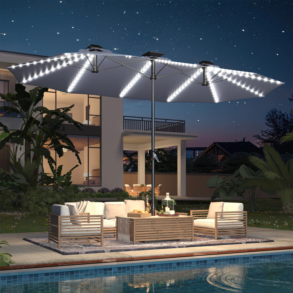 AECOJOY 15ft Patio Double-Sided Umbrella, 156 PCS Solar LED Light Outdoor Large Umbrella, Grey