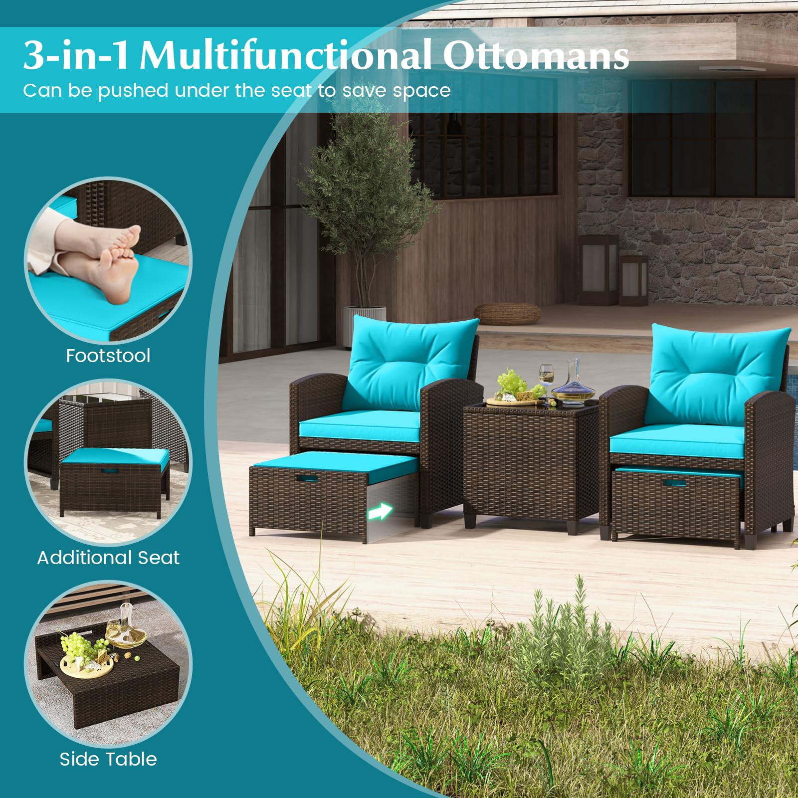 Tangkula 5 Piece Patio Rattan Furniture | Wicker Cushioned Chairs Set w/ 2 Ottomans & Tempered Glass Coffee Table