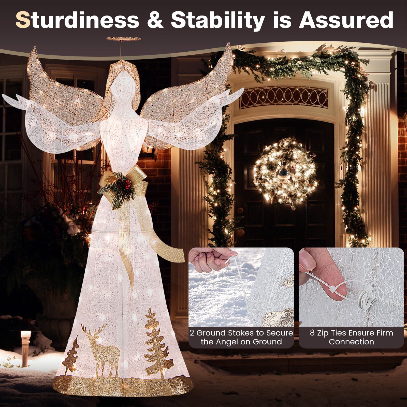 Tangkula 5 FT Lighted Christmas Angel, Outdoor Pre-lit 3D Glittered Angel with 100 Warm White Lights - Product image 5