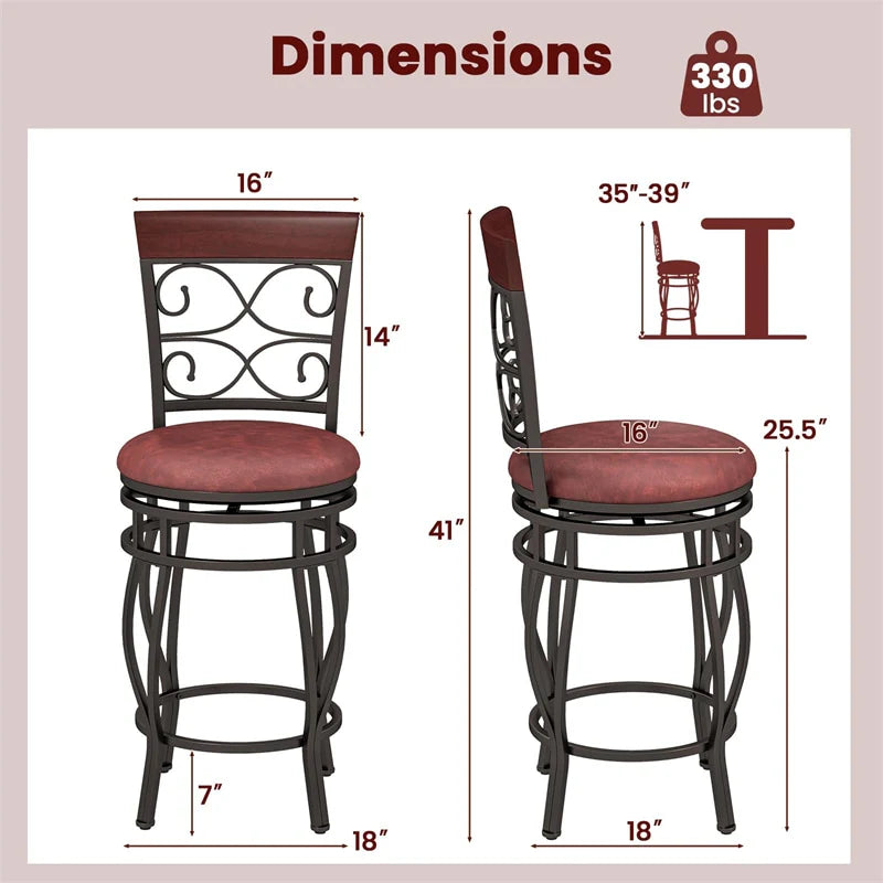 26" Vintage Swivel Bar Stools Set of 2, Counter Height Metal Barstools with Back & Upholstered PU Leather - Product image 4
