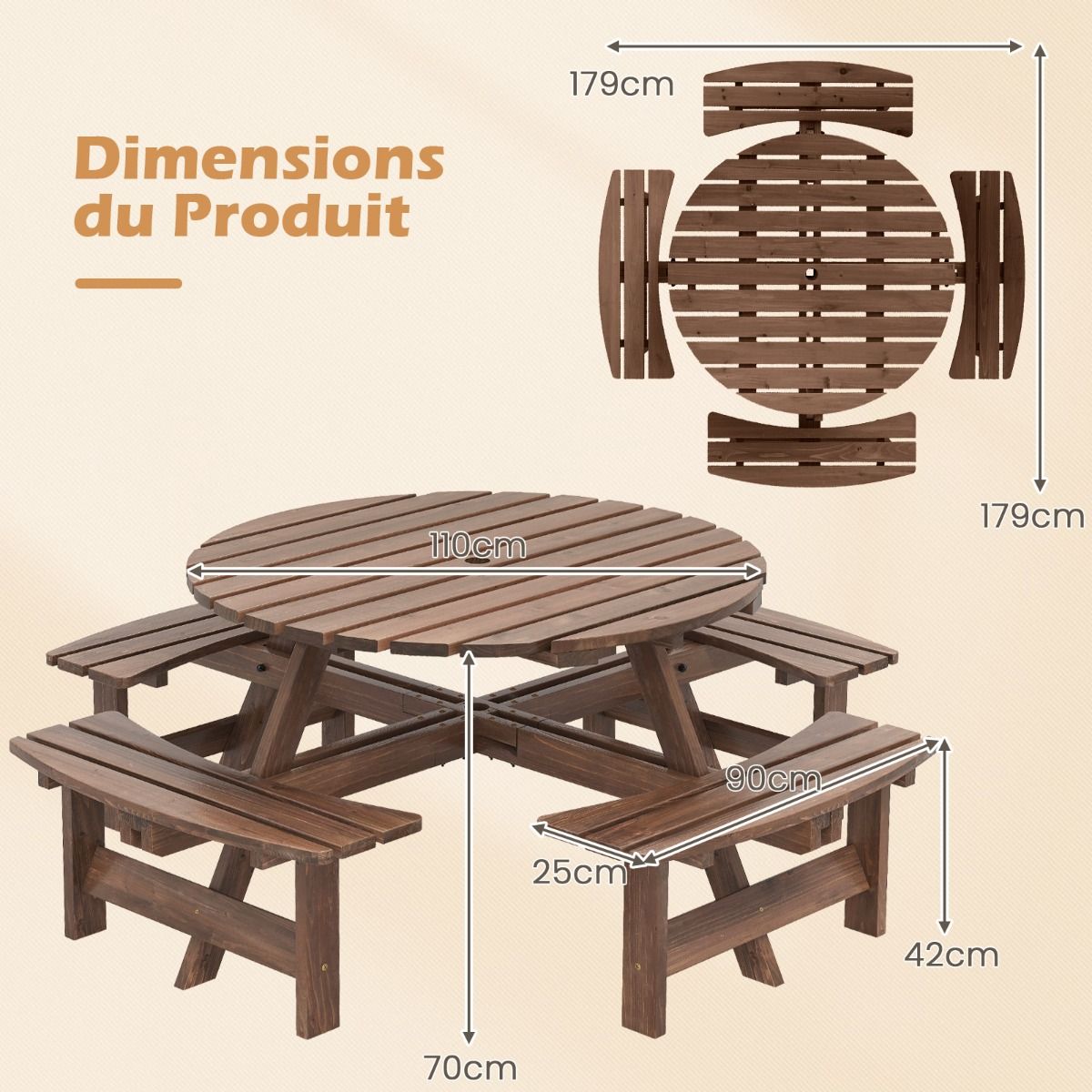 Wooden Picnic Table Set for 2-8 People Circular Table and Bench Set with 4 Integrated Benches 5cm Umbrella Hole Brown/Yellow -