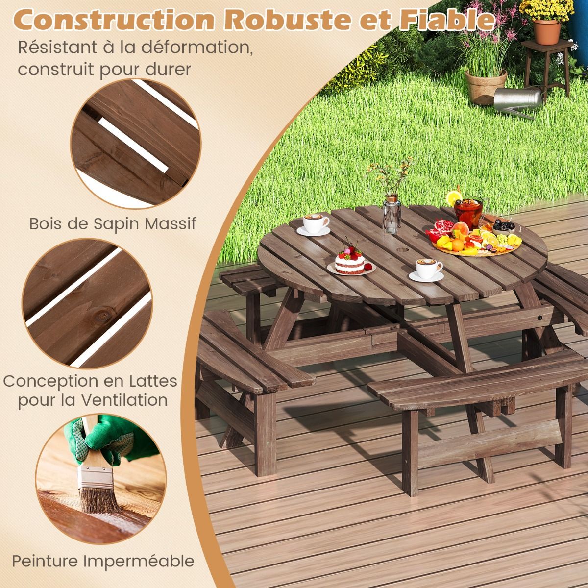 Wooden Picnic Table Set for 2-8 People Circular Table and Bench Set with 4 Integrated Benches 5cm Umbrella Hole Brown/Yellow -