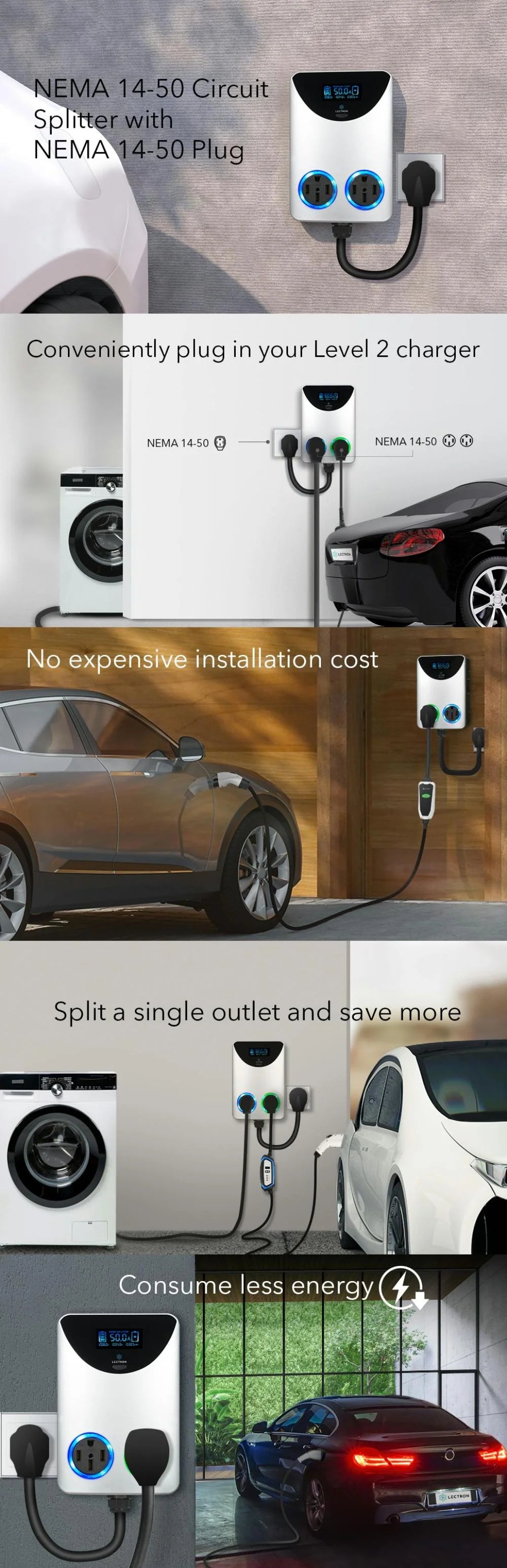 Lectron NEMA Socket Splitter - Power Your EV Charger and High - Powered Appliance from the Same Outlet (NEMA 14 - 50 to NEMA 14 - 50 / NEMA 14 - 50 Splitter)
