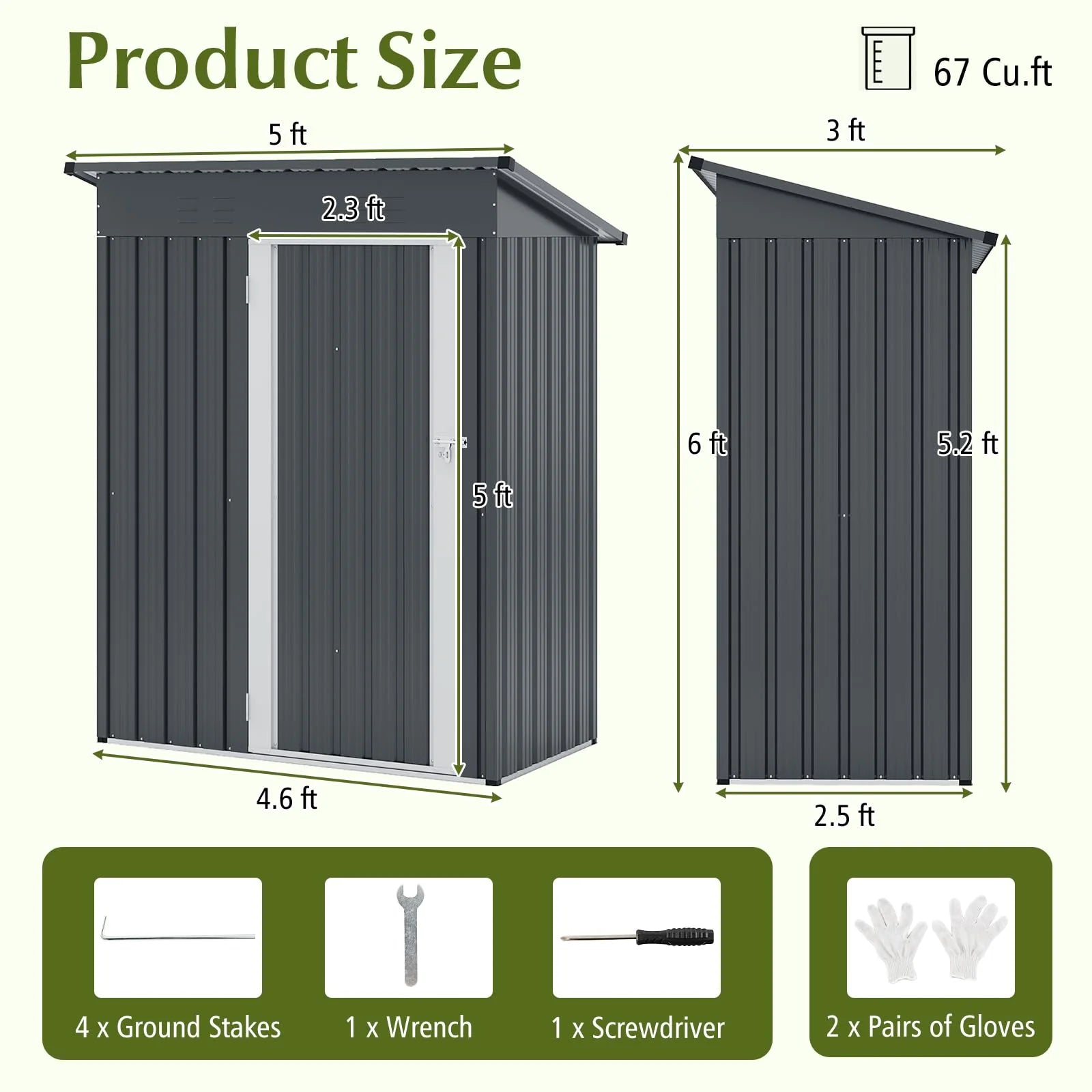 5 x 3 FT Outdoor Storage Shed, Galvanized Metal Tool House with Sloped Roof, 2 Vents, Lockable Door - Product image 9