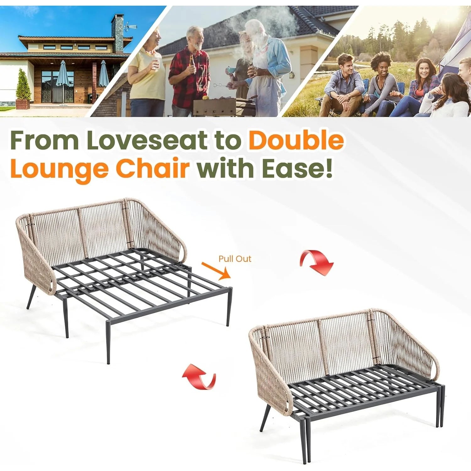 AECOJOY Outdoor Double Chaise Lounge Chair, Convertible Patio Loveseat Sofa Couch with Cushions - Product image 6
