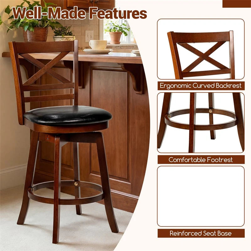 Set of 2 Swivel Counter Height Bar Stools, 25" Rubber Wood Barstools with High Back - Product image 7