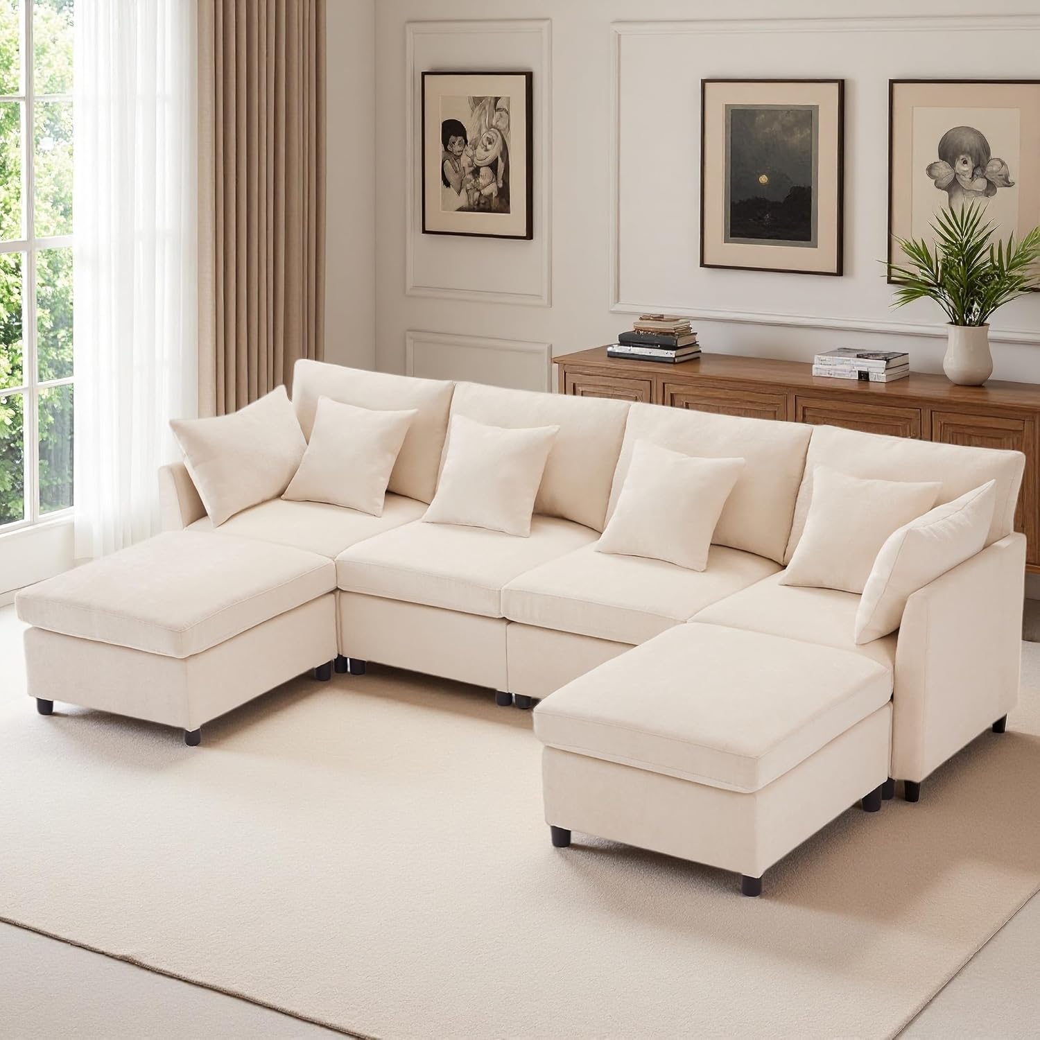Seyakany Convertible Corner Sofa,4 Seater Convertible Sofa,Chenille Fabric with Removable Footrest,Four Seater L Shaped Sofa,Suitable for Home,Living Room,Apartment