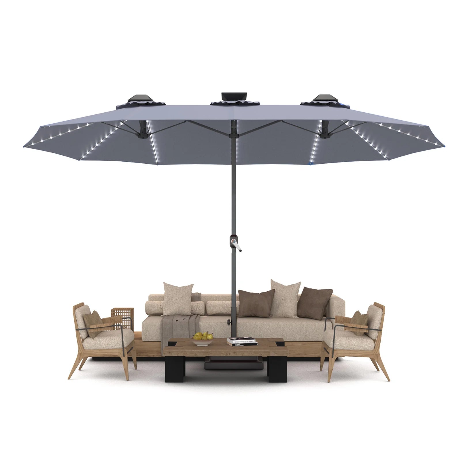 AECOJOY 15ft Patio Double-Sided Umbrella, 156 PCS Solar LED Light Outdoor Large Umbrella, Grey