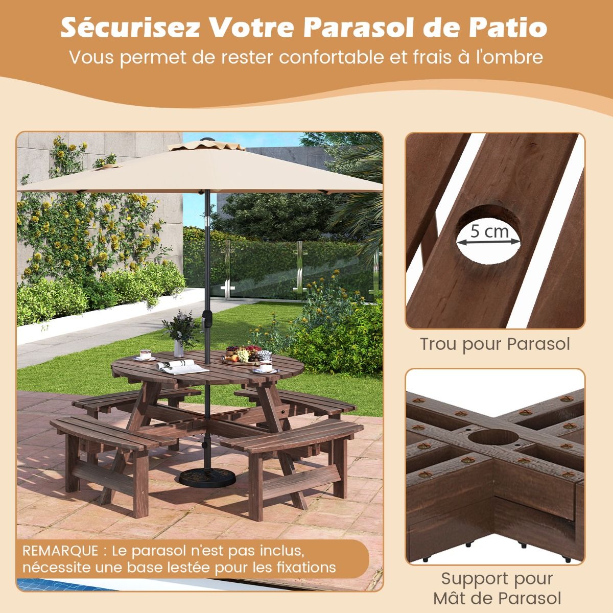 Wooden Picnic Table Set for 2-8 People Circular Table and Bench Set with 4 Integrated Benches 5cm Umbrella Hole Brown/Yellow -