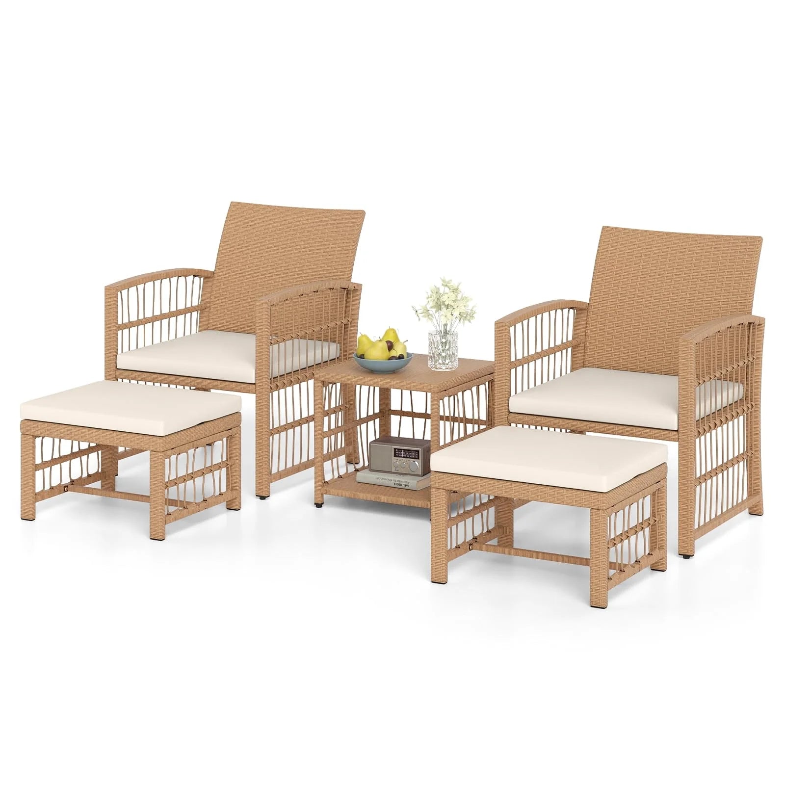 Tangkula 5 Piece Patio Wicker Conversation Set Includes 2 Armchairs, 2 Ottomans & 2-Tier Side Table - Product image 1