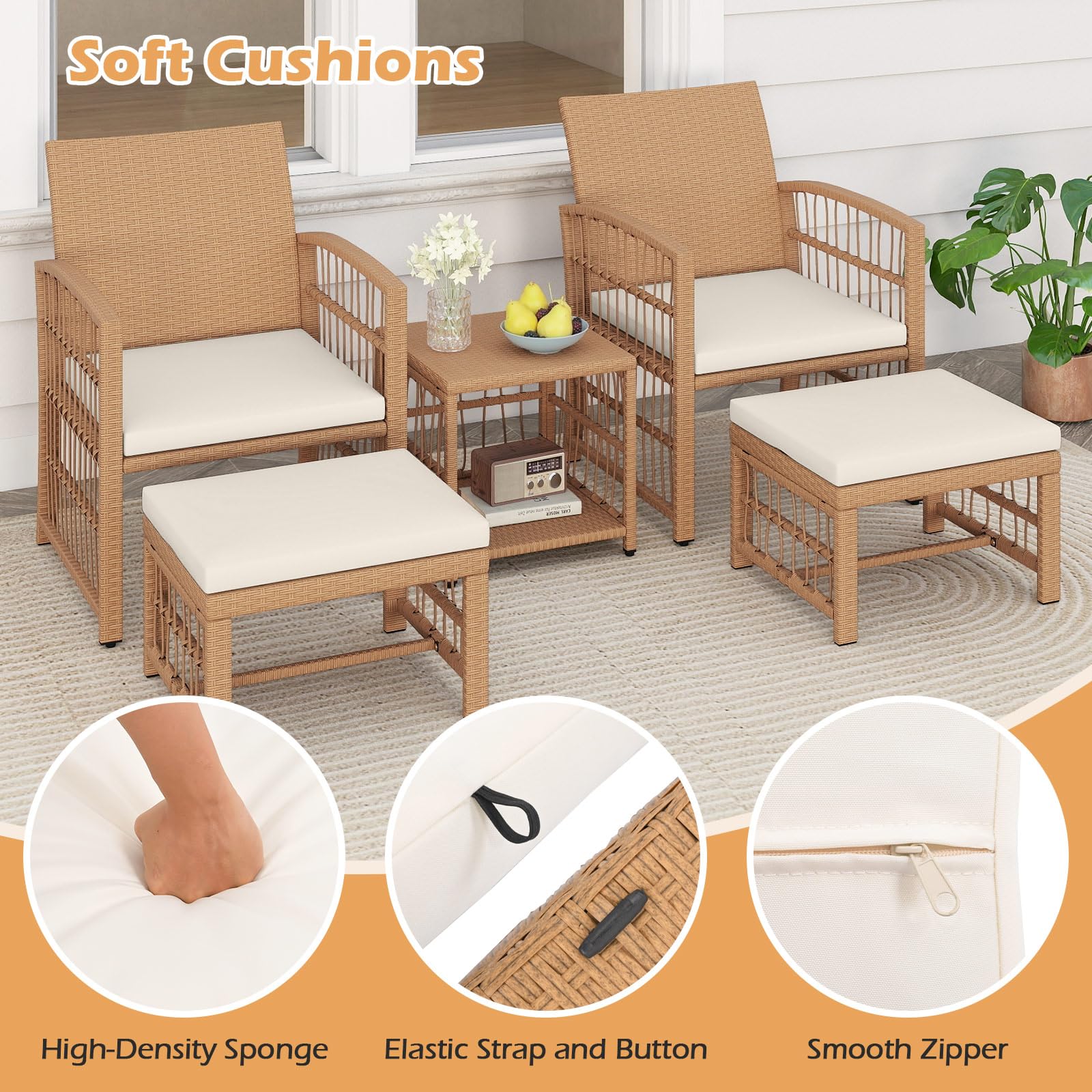 Tangkula 5 Piece Patio Wicker Conversation Set Includes 2 Armchairs, 2 Ottomans & 2-Tier Side Table - Product image 5