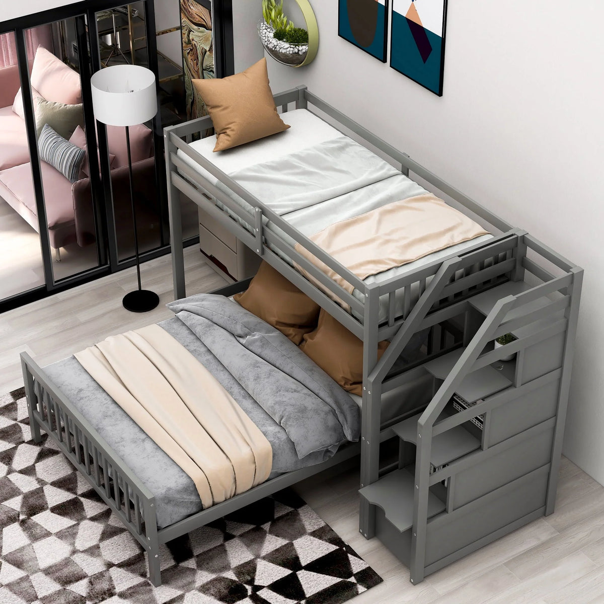 Euroco Wood Stairway Twin Loft Bed with Full Platform and Drawer - Product image 2