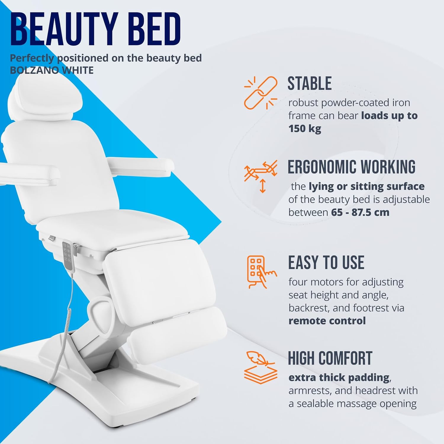 Physa Aesthetic Cosmetic Chair Massage Table Aesthetic Bed Physa Bolzano White (Electric, 4 Motors, 150 kg Max, White)
