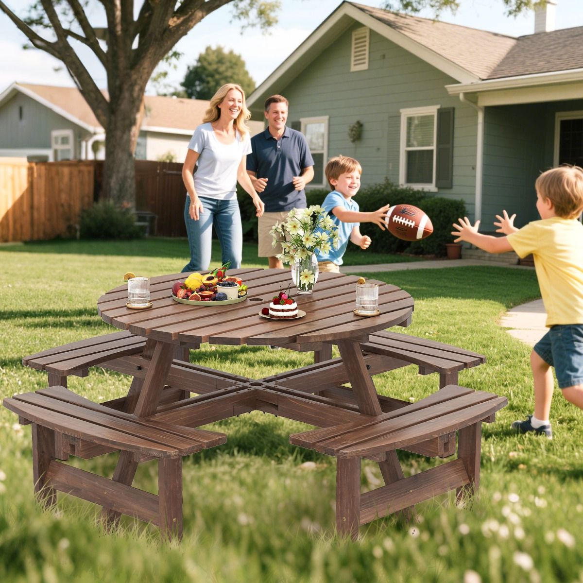Wooden Picnic Table Set for 2-8 People Circular Table and Bench Set with 4 Integrated Benches 5cm Umbrella Hole Brown/Yellow -