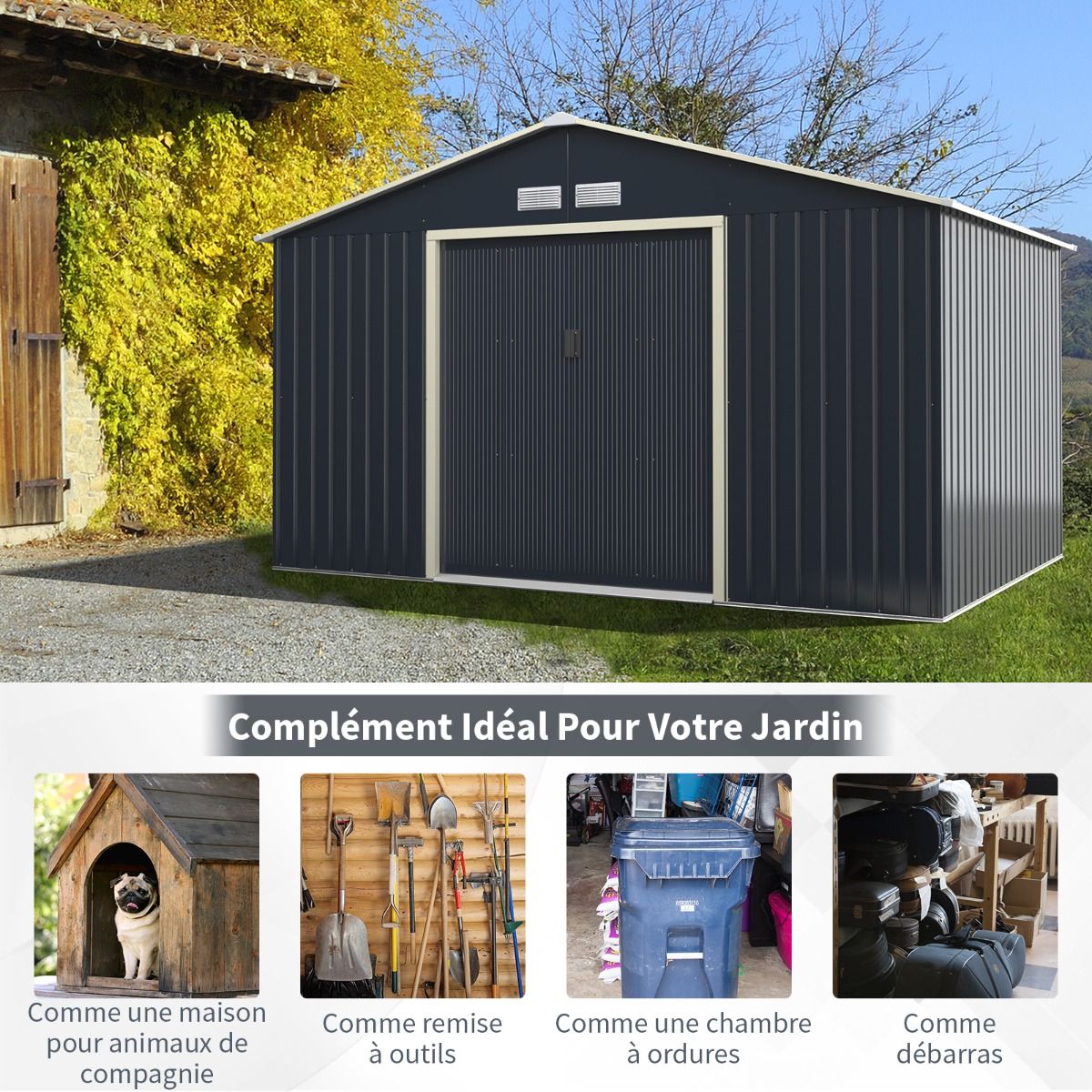 Metal Garden Shed & Extension 10.85 with 2 Lockable Sliding Doors 4 Gray Ventilation Holes for Bicycle -