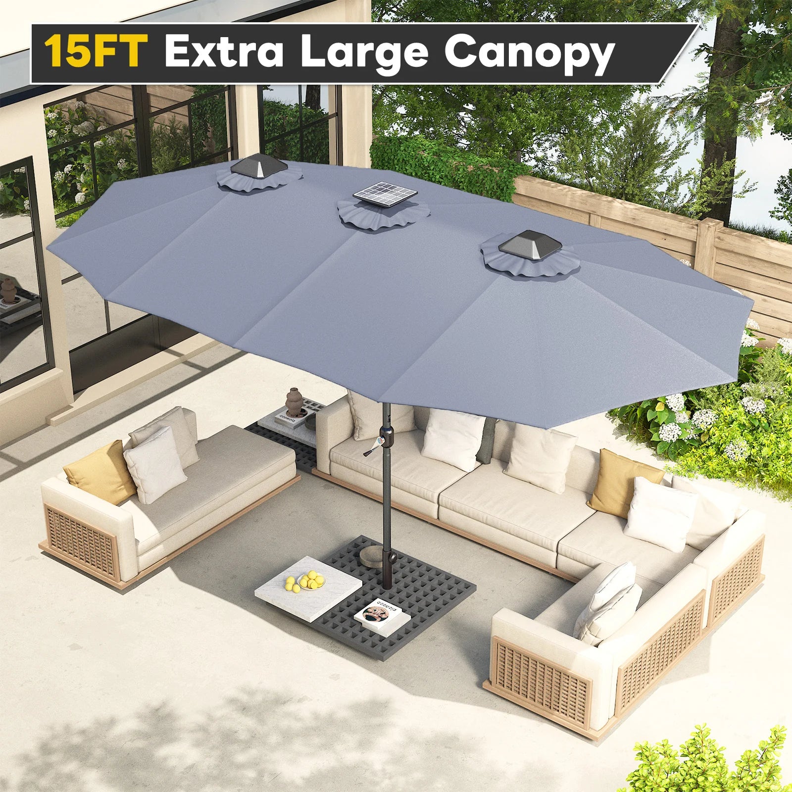 AECOJOY 15ft Patio Double-Sided Umbrella, 156 PCS Solar LED Light Outdoor Large Umbrella, Grey