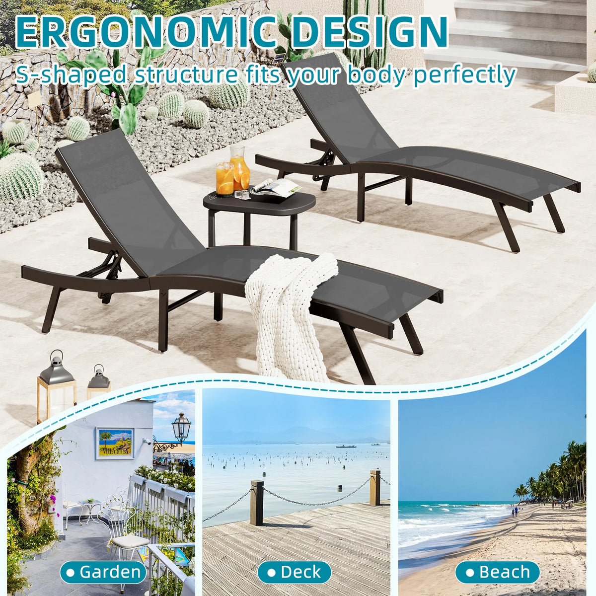 AECOJOY Outdoor Chaise Lounge, All Weather Pool Lounge Chairs Ergonomic Design (Dark Grey, 1 PCs) - Product image 4