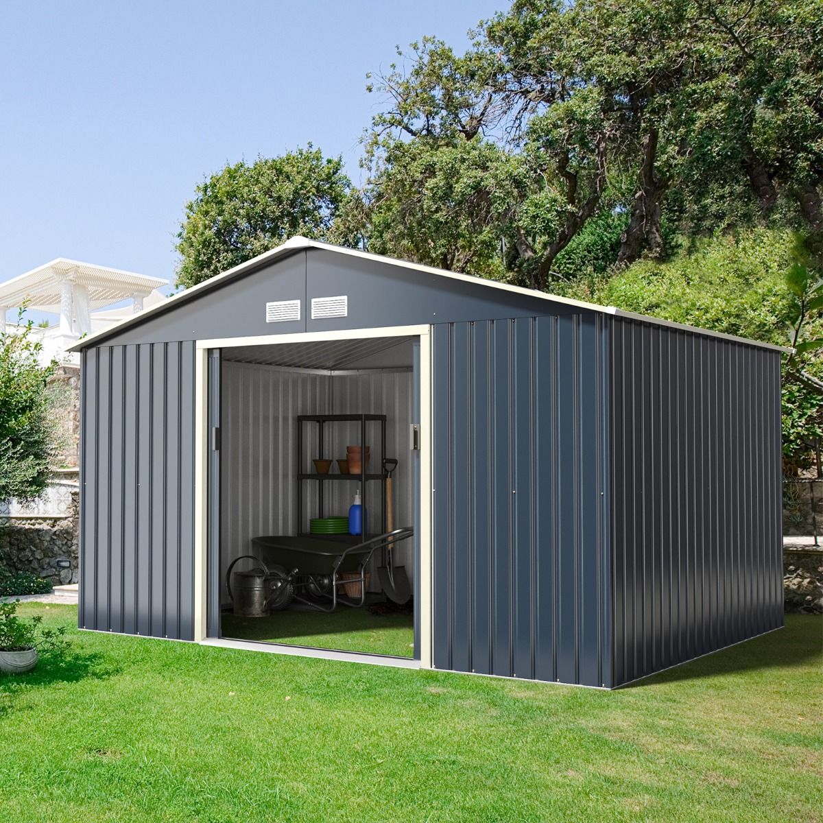 Metal Garden Shed & Extension 10.85 with 2 Lockable Sliding Doors 4 Gray Ventilation Holes for Bicycle -