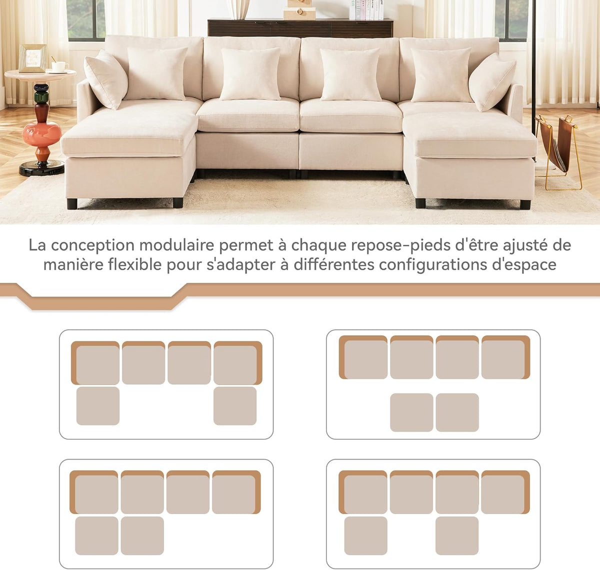 Seyakany Convertible Corner Sofa,4 Seater Convertible Sofa,Chenille Fabric with Removable Footrest,Four Seater L Shaped Sofa,Suitable for Home,Living Room,Apartment