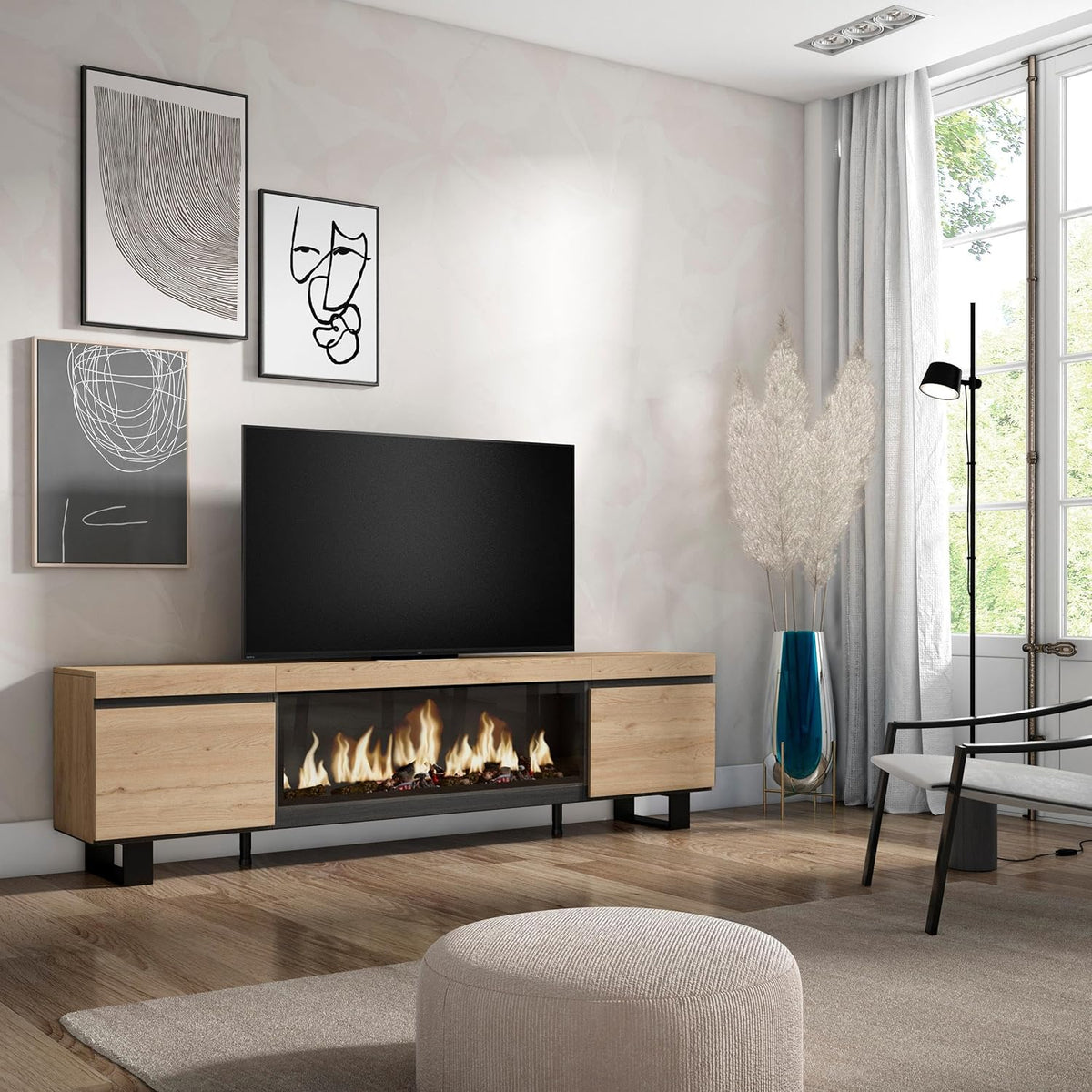 Skraut Home | TV cabinet | TV Bench | Large Storage Space | 210 | for TVs up to 80" | XXL electric fireplace | Industrial Design | Modern Style | Oak
