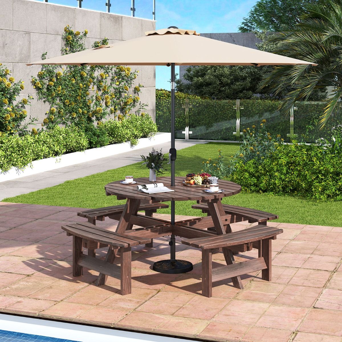Wooden Picnic Table Set for 2-8 People Circular Table and Bench Set with 4 Integrated Benches 5cm Umbrella Hole Brown/Yellow -