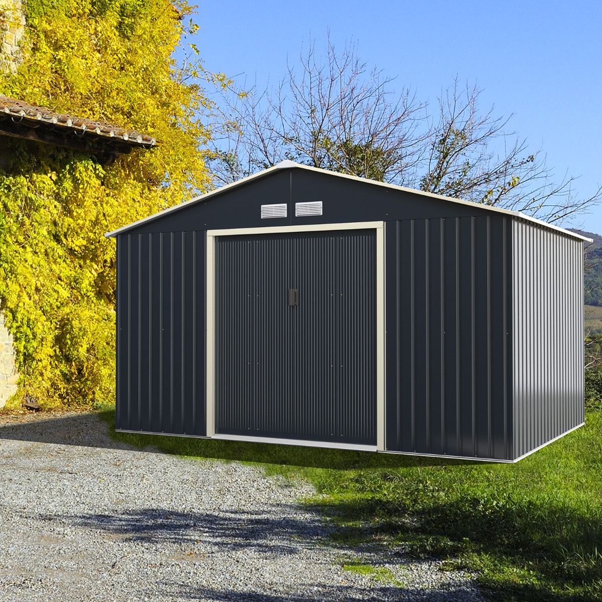 Metal Garden Shed & Extension 10.85 with 2 Lockable Sliding Doors 4 Gray Ventilation Holes for Bicycle -