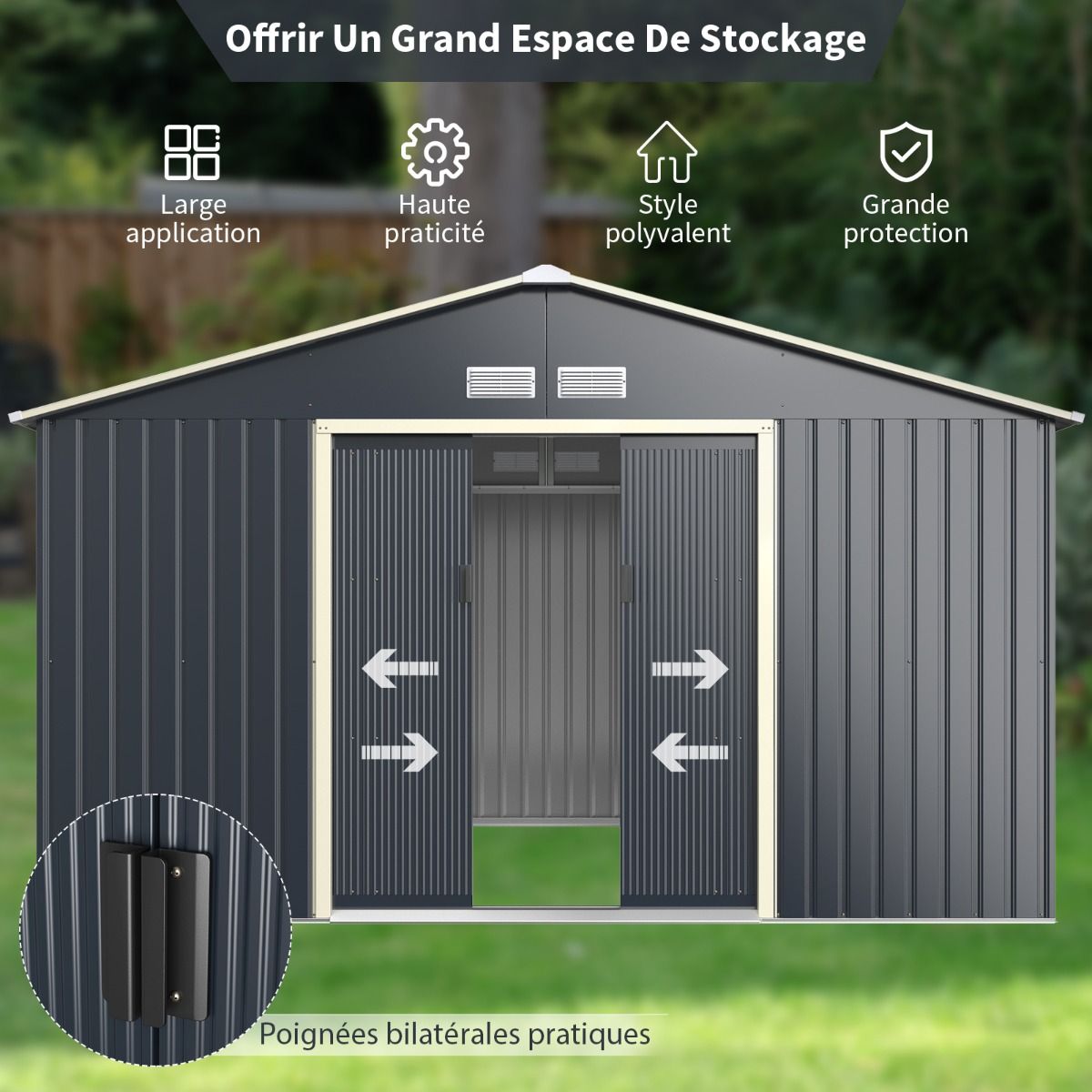 Metal Garden Shed & Extension 10.85 with 2 Lockable Sliding Doors 4 Gray Ventilation Holes for Bicycle -