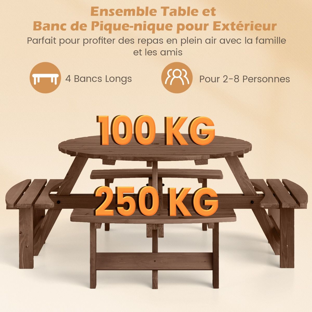 Wooden Picnic Table Set for 2-8 People Circular Table and Bench Set with 4 Integrated Benches 5cm Umbrella Hole Brown/Yellow -