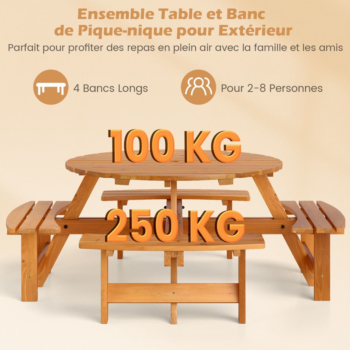 Wooden Picnic Table Set for 2-8 People Circular Table and Bench Set with 4 Integrated Benches 5cm Umbrella Hole Brown/Yellow -