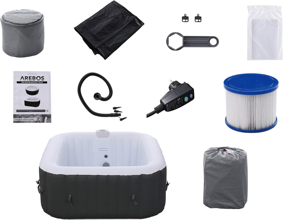Arebos Inflatable Spa | for indoors and outdoors | 4 People | 154x154cm | 100 Massage Jets | Spa Well-being Heating | Square Inflatable Massage | 600 liters