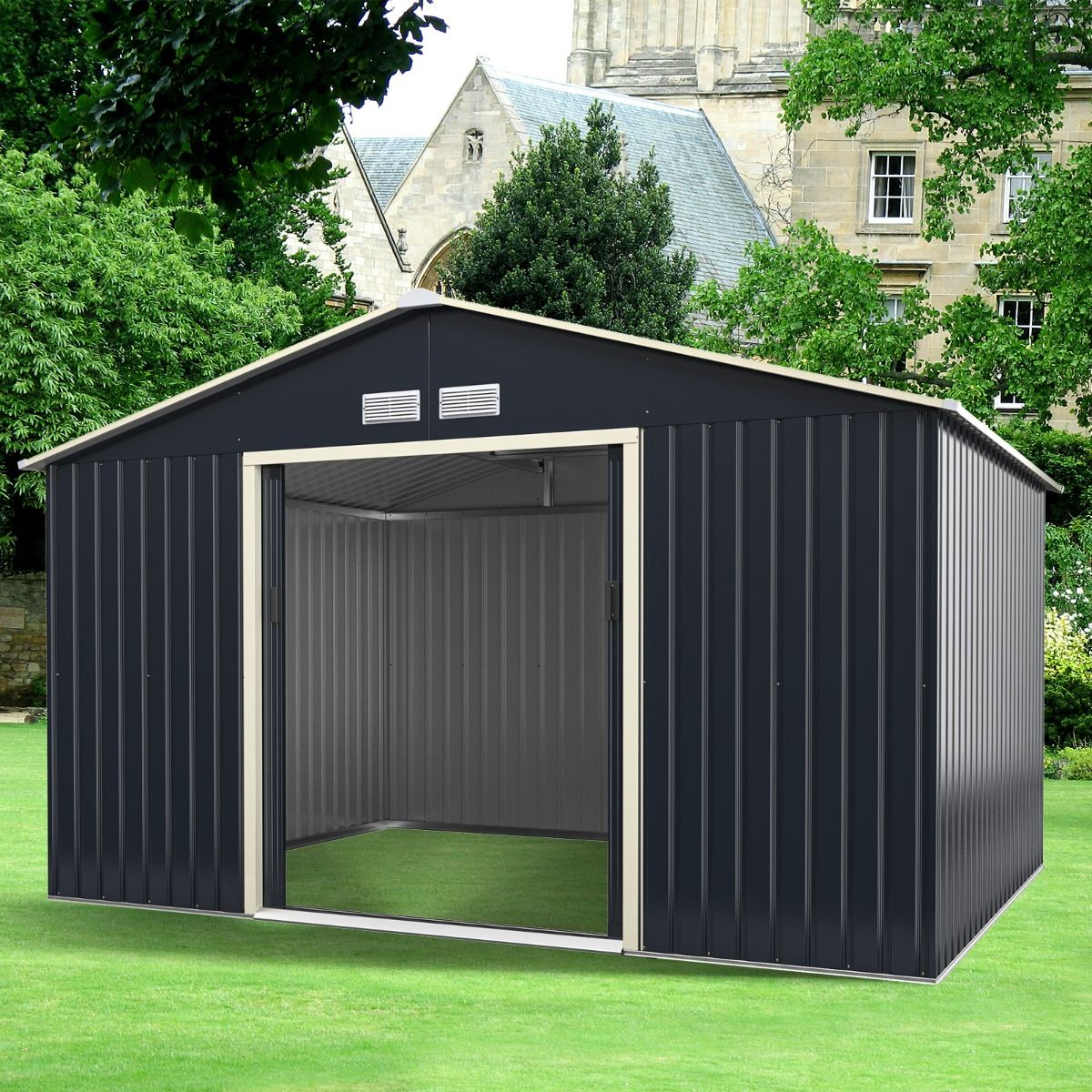 Metal Garden Shed & Extension 10.85 with 2 Lockable Sliding Doors 4 Gray Ventilation Holes for Bicycle -