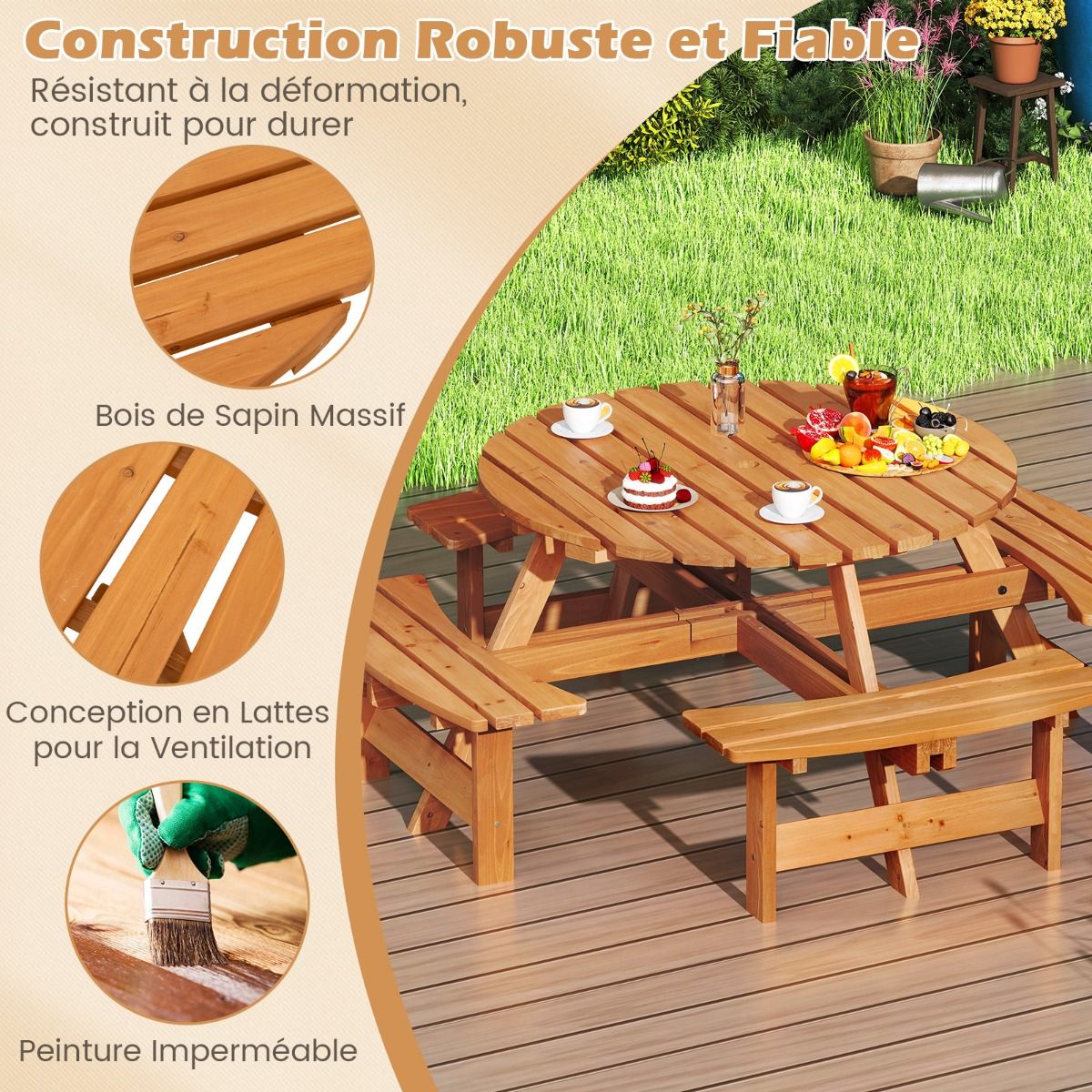 Wooden Picnic Table Set for 2-8 People Circular Table and Bench Set with 4 Integrated Benches 5cm Umbrella Hole Brown/Yellow -