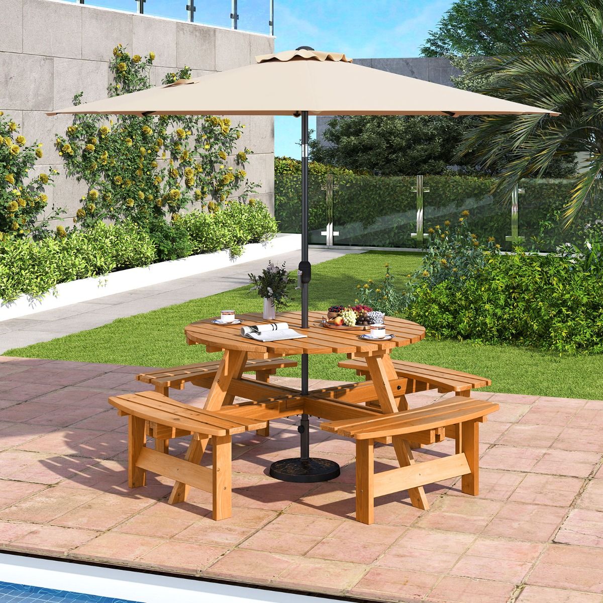 Wooden Picnic Table Set for 2-8 People Circular Table and Bench Set with 4 Integrated Benches 5cm Umbrella Hole Brown/Yellow -