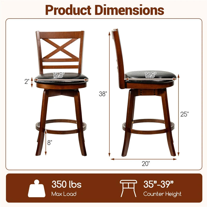 Set of 2 Swivel Counter Height Bar Stools, 25" Rubber Wood Barstools with High Back - Product image 3