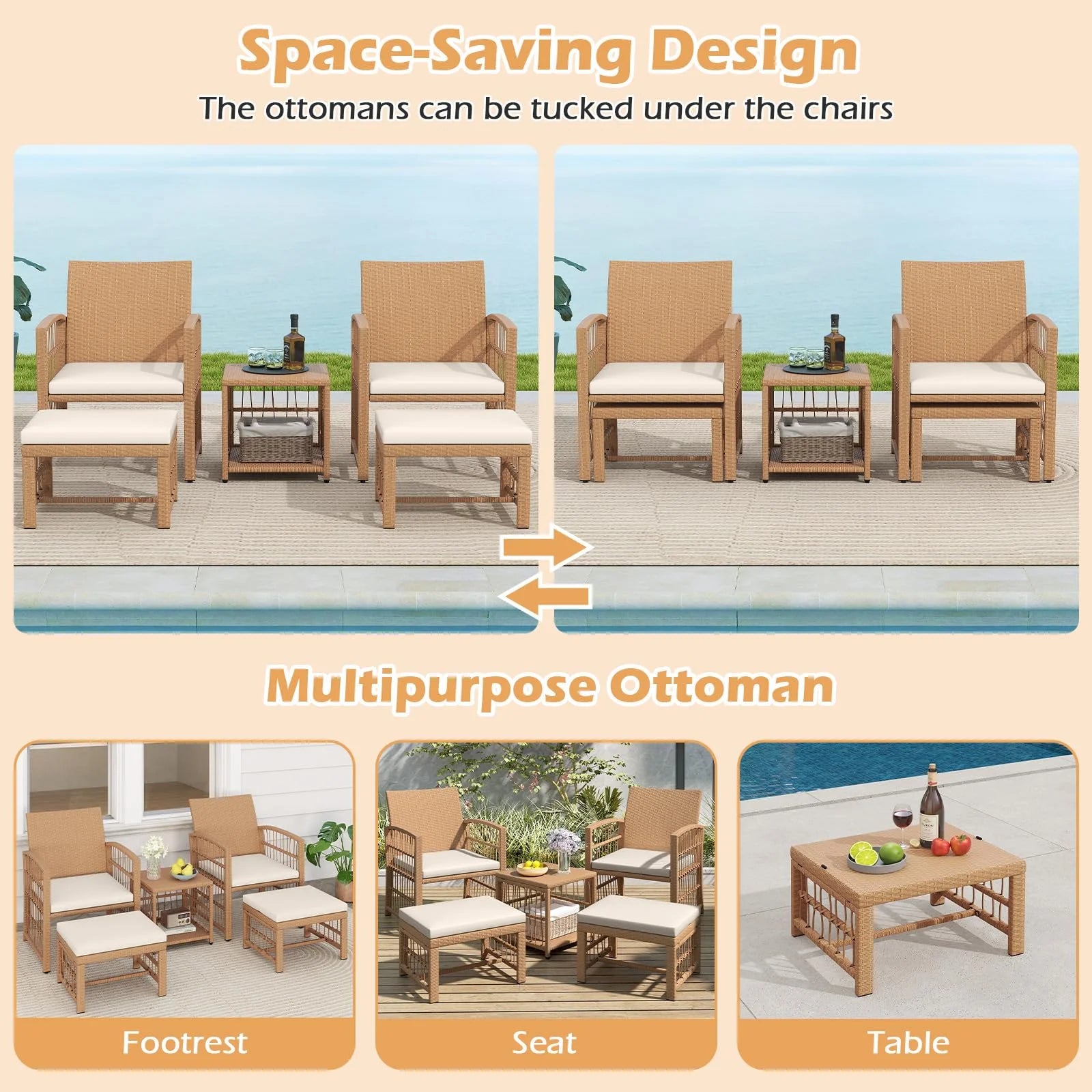 Tangkula 5 Piece Patio Wicker Conversation Set Includes 2 Armchairs, 2 Ottomans & 2-Tier Side Table - Product image 8