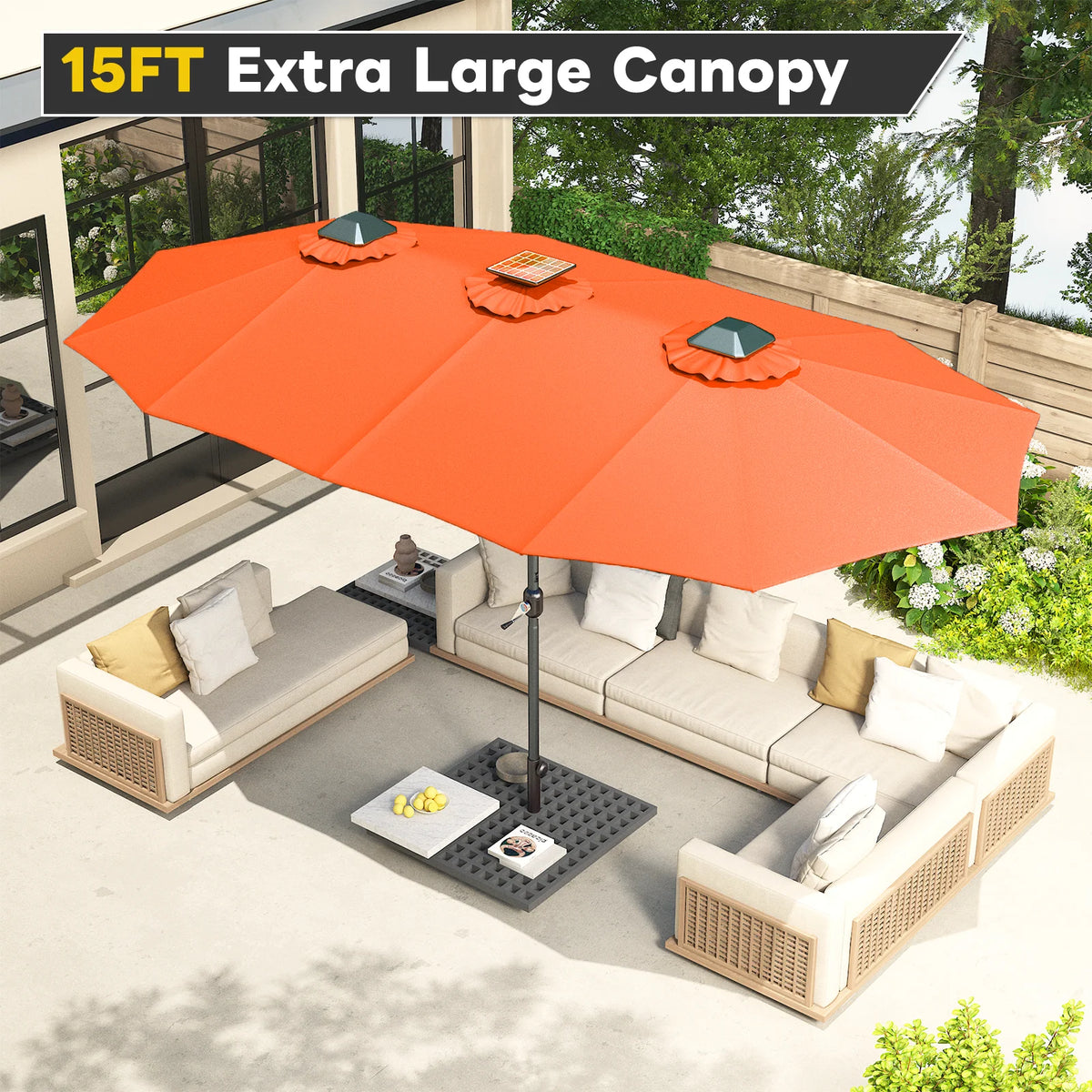 AECOJOY 15ft Patio Double-Sided Umbrella, 156 PCS Solar LED Light Outdoor Large Umbrella, Orange - Product image 6