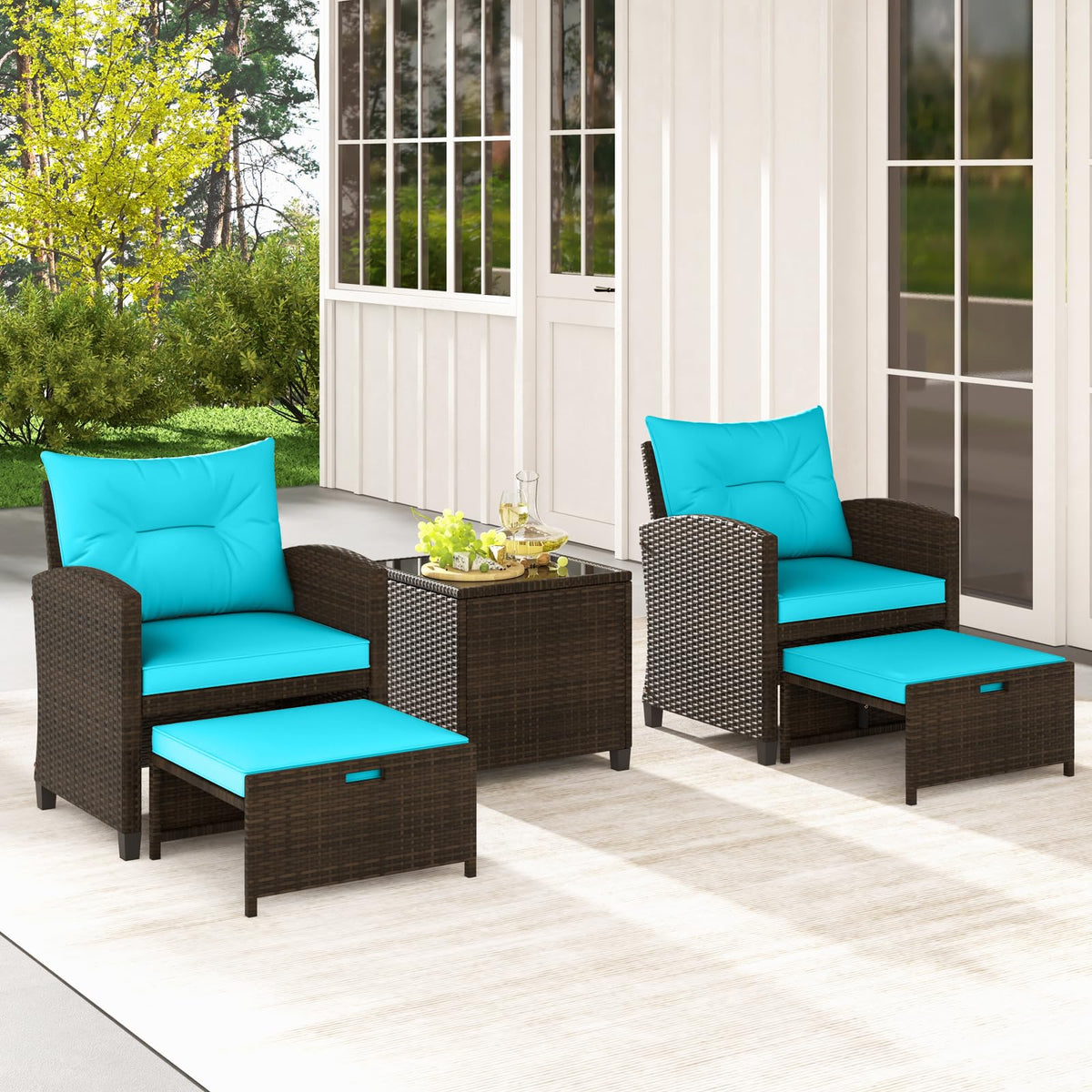 Tangkula 5 Piece Patio Rattan Furniture | Wicker Cushioned Chairs Set w/ 2 Ottomans & Tempered Glass Coffee Table