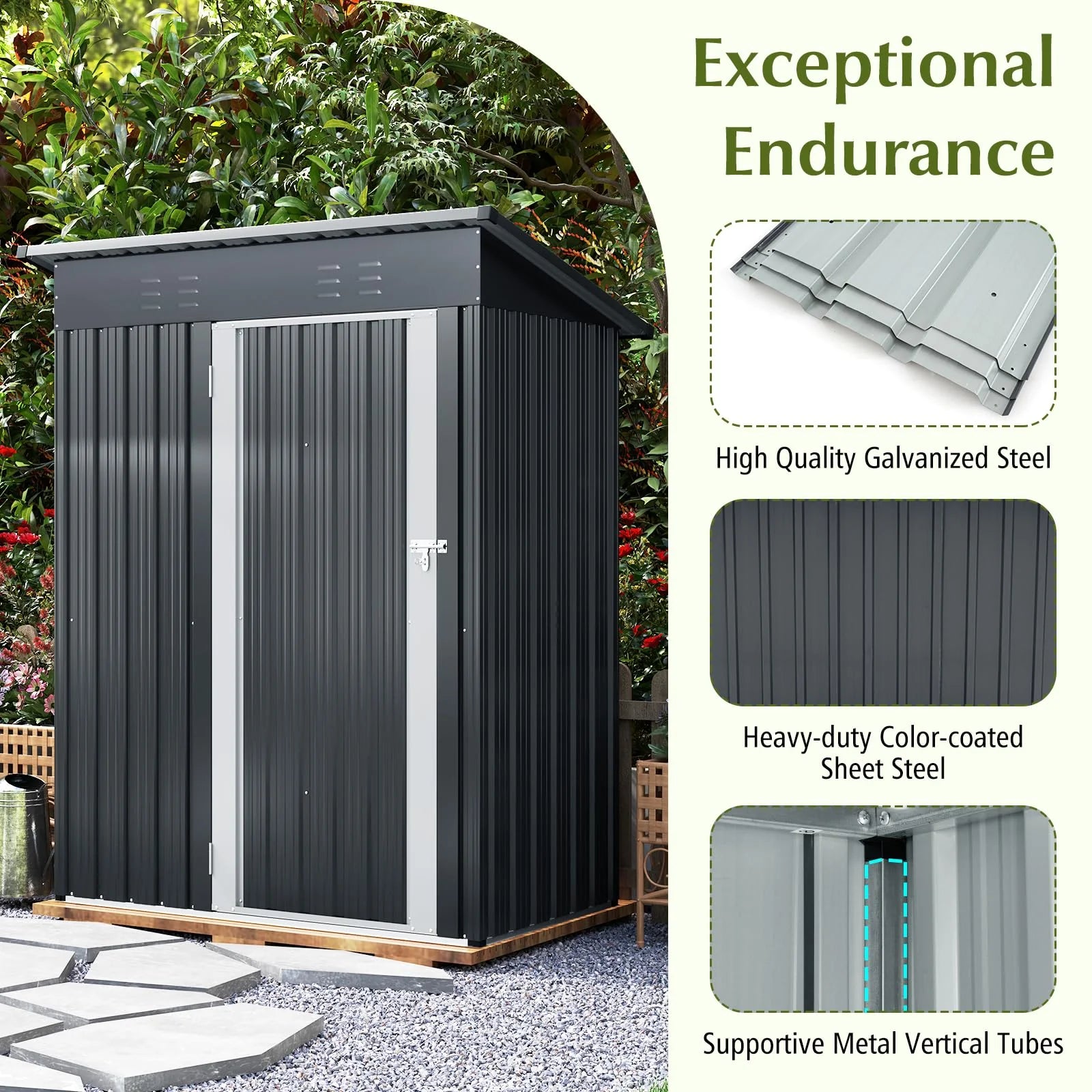 5 x 3 FT Outdoor Storage Shed, Galvanized Metal Tool House with Sloped Roof, 2 Vents, Lockable Door - Product image 7