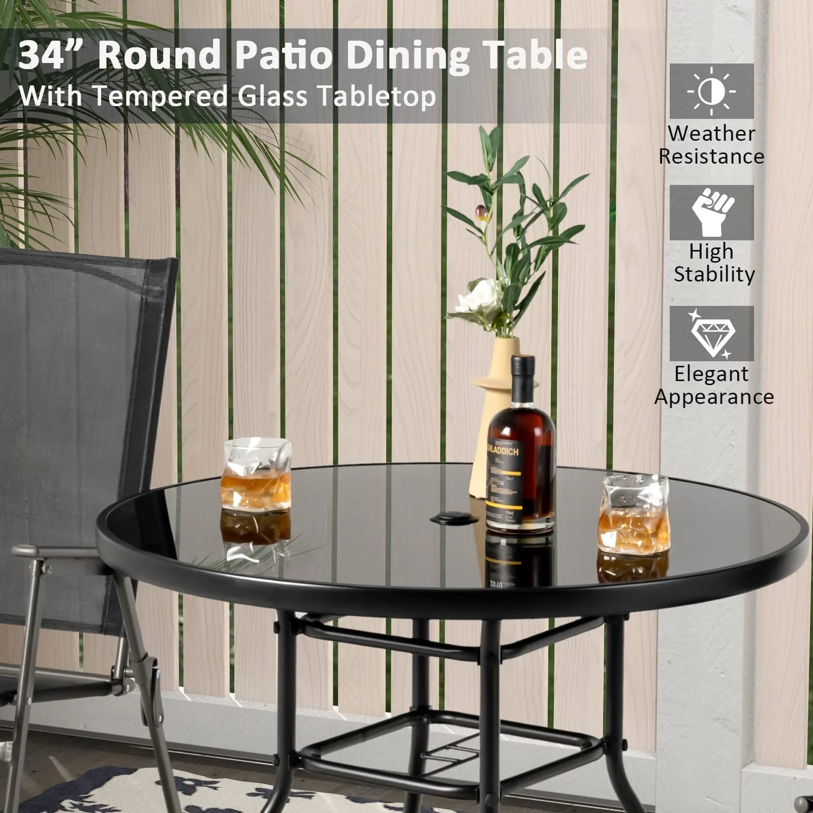 Tangkula 34 Inch Patio Dining Table, Round Tempered Glass Table with 1.5" Umbrella Hole - Product image 8