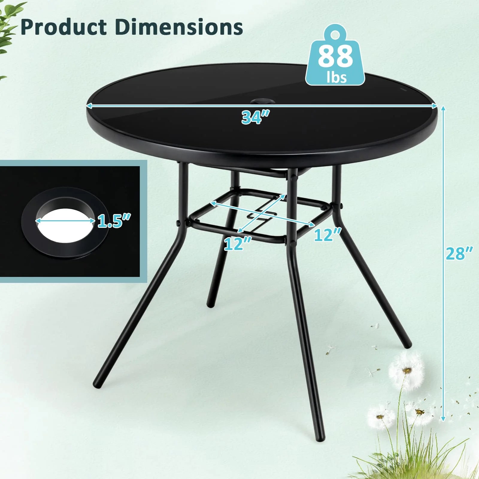 Tangkula 34 Inch Patio Dining Table, Round Tempered Glass Table with 1.5" Umbrella Hole - Product image 4