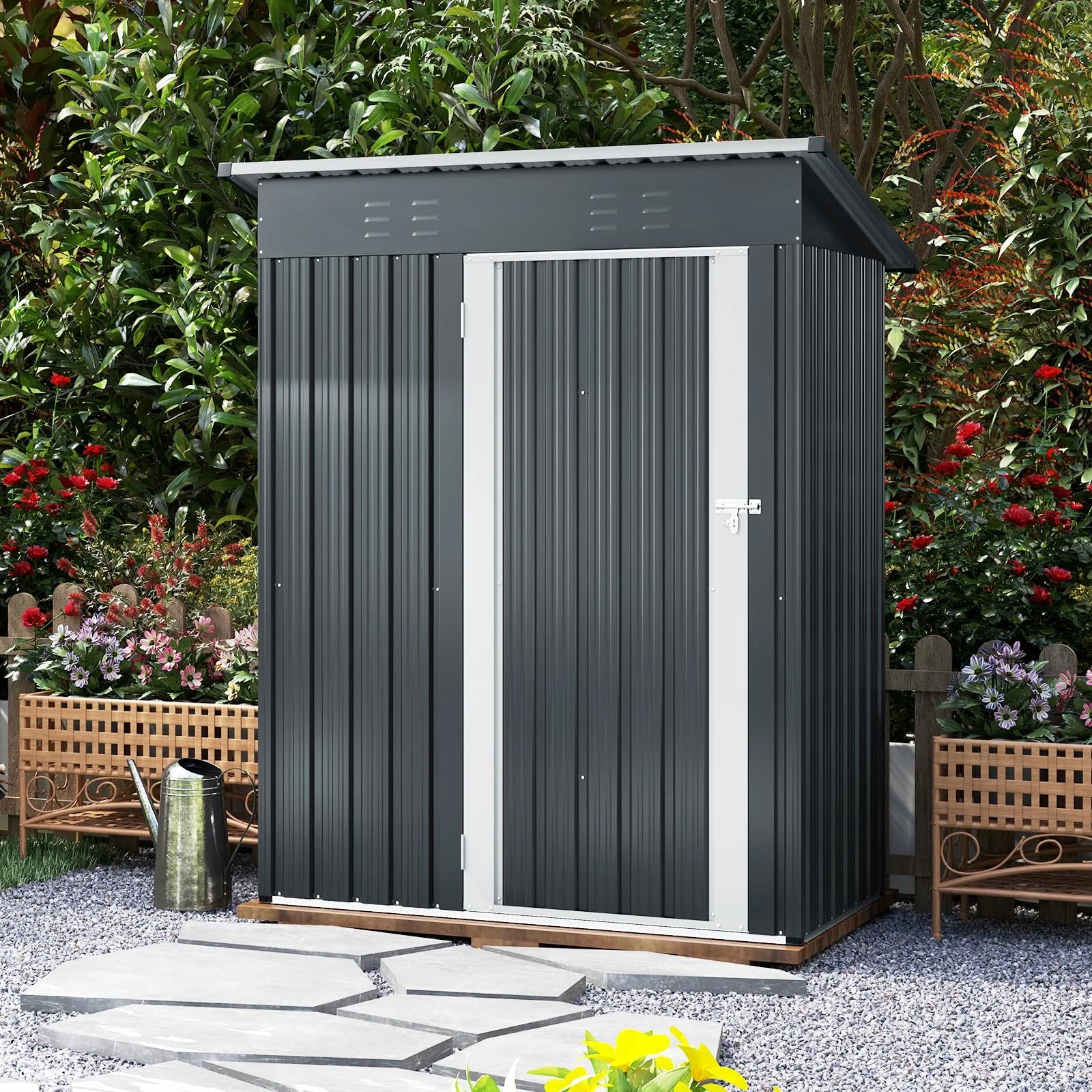 5 x 3 FT Outdoor Storage Shed, Galvanized Metal Tool House with Sloped Roof, 2 Vents, Lockable Door - Product image 2