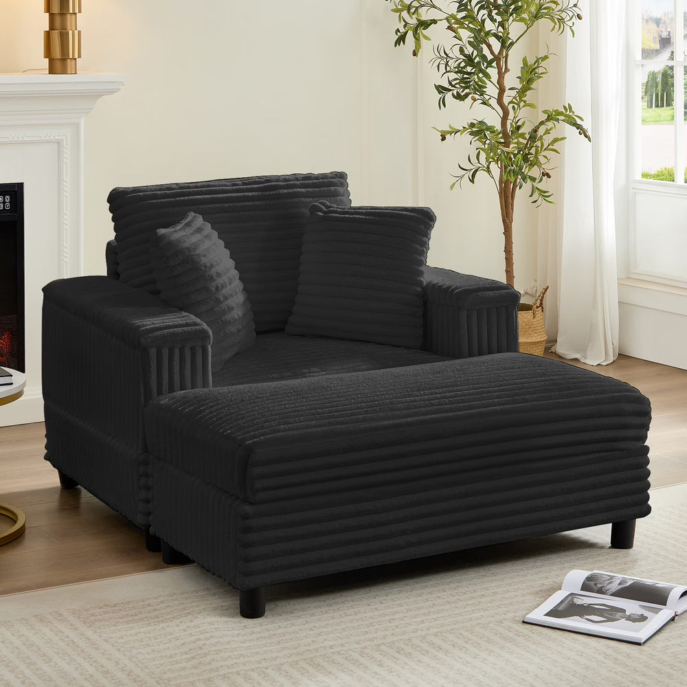 ZAFLY 44" Modern Corduroy Accent Armchair with Storage Ottoman for Living Room, Black