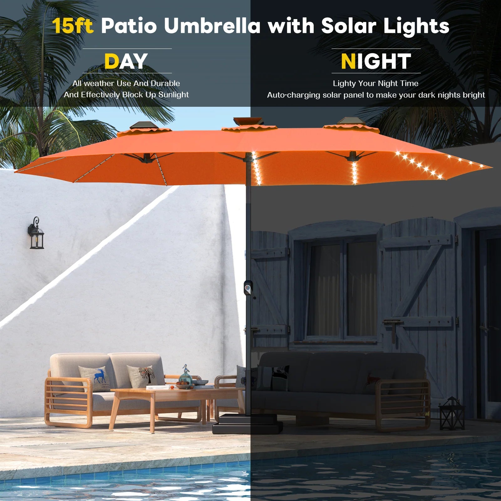 AECOJOY 15ft Patio Double-Sided Umbrella, 156 PCS Solar LED Light Outdoor Large Umbrella, Orange - Product image 7