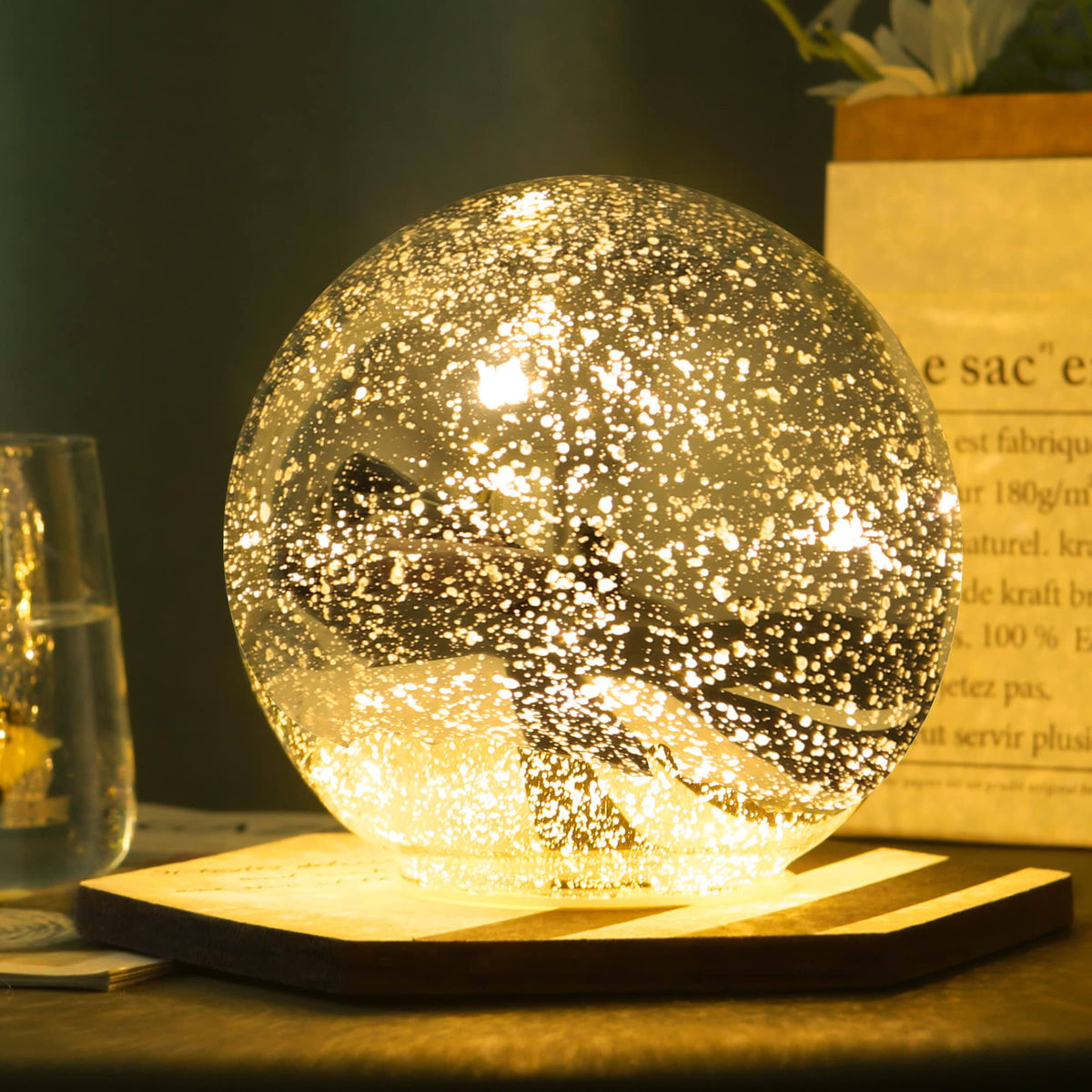 Lighted Mercury Glass Ball Table Lamp, Silver Cordless Glass Orb Christmas Decor Ball LED Light Globe - Product image 1