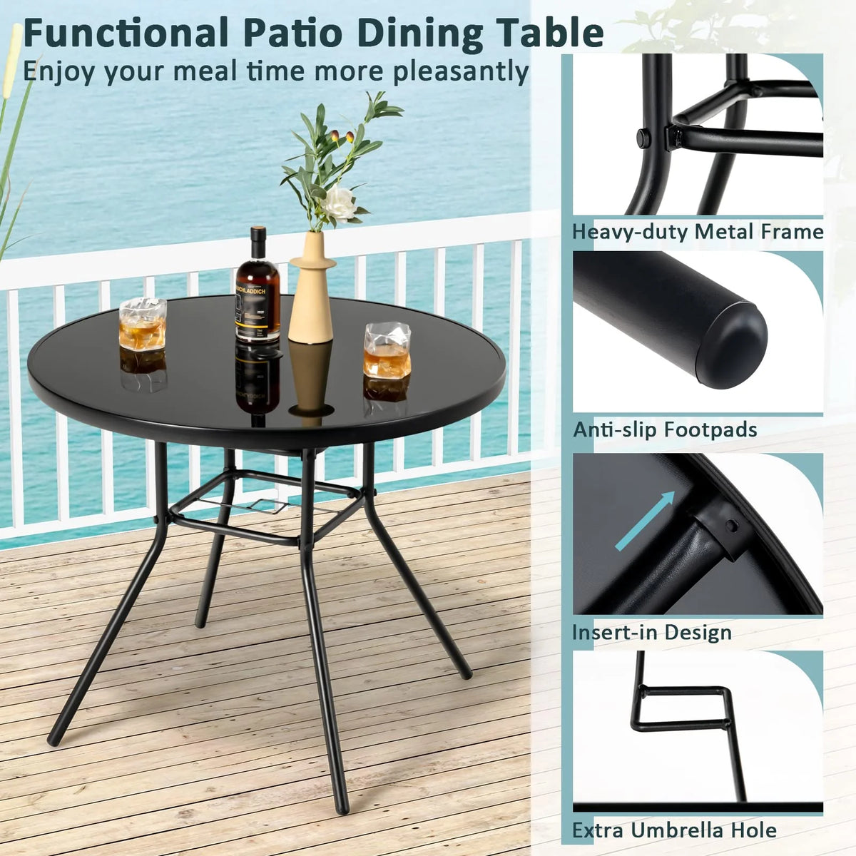 Tangkula 34 Inch Patio Dining Table, Round Tempered Glass Table with 1.5" Umbrella Hole - Product image 6