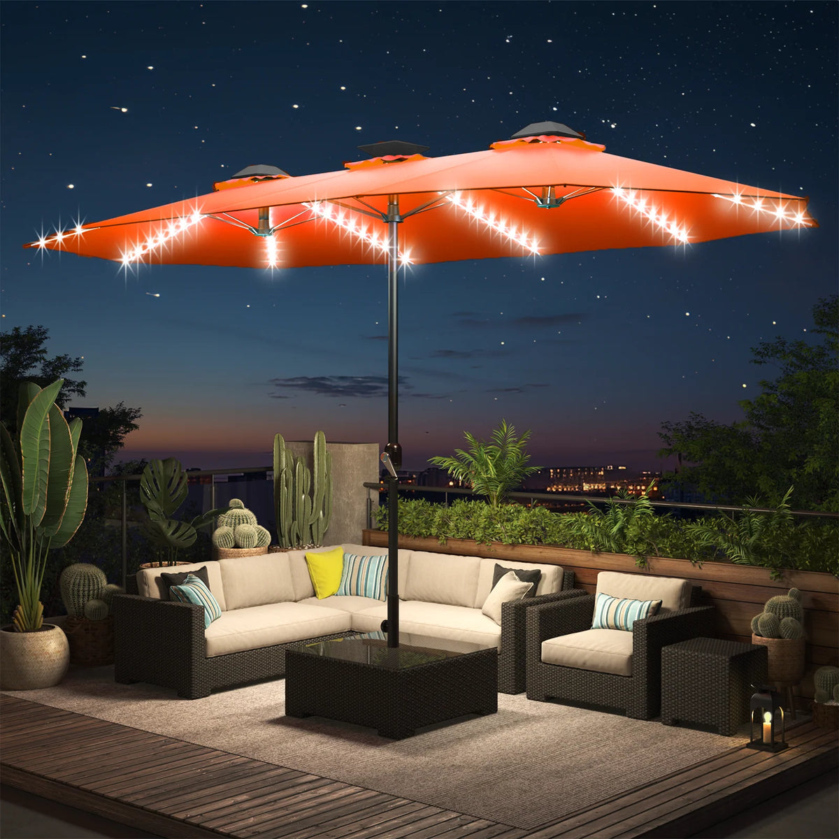 AECOJOY 15ft Patio Double-Sided Umbrella, 156 PCS Solar LED Light Outdoor Large Umbrella, Orange - Product image 2